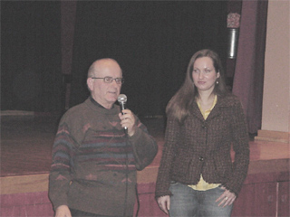 Giorgi Kizovski talks about his participation in the film and the importance of telling the story of the "Detsa Begalci".  Director, Suzana Dinevski, is standing beside him. 